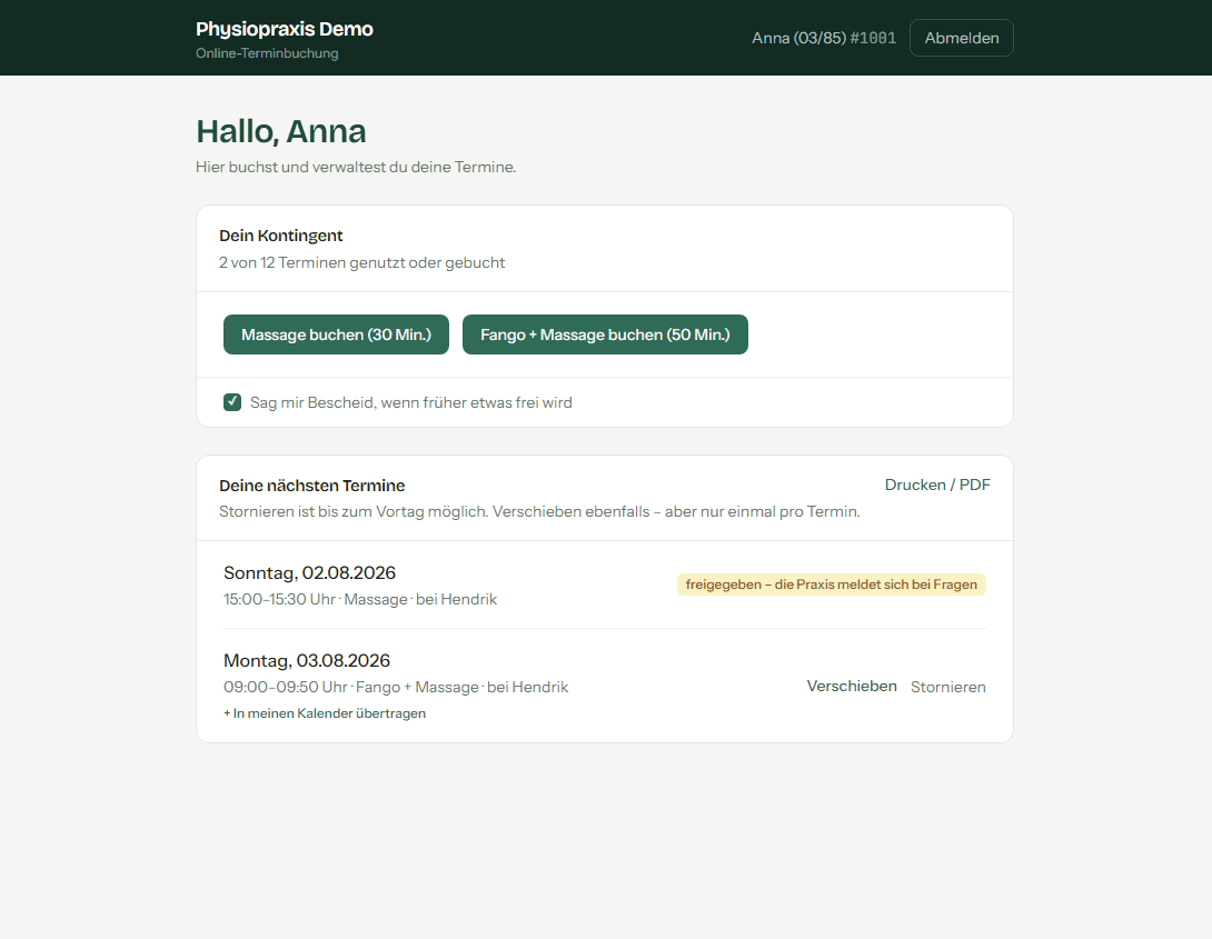 Termissimo Patientenansicht mit Kontingent-Anzeige, Buchungs-Buttons und Terminliste